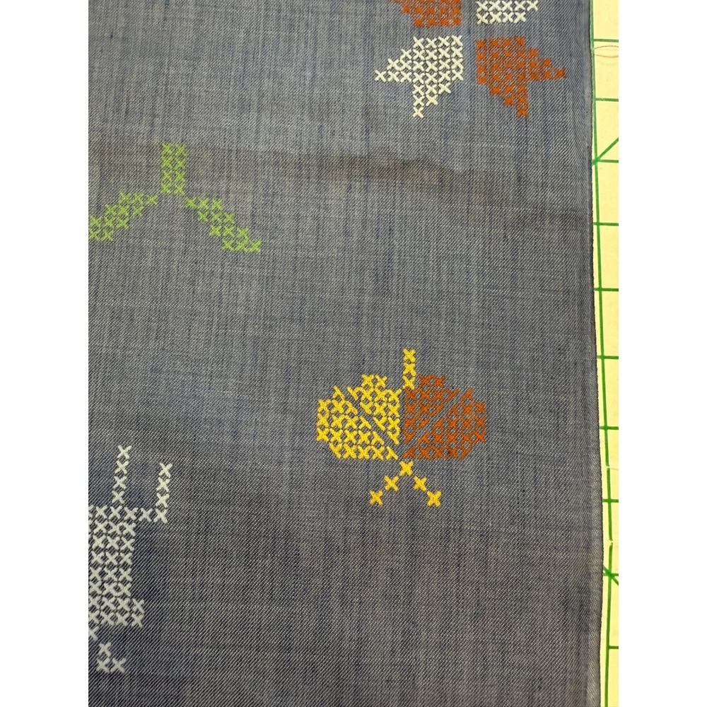 Vtg 70s Folk Art Fabric 58W 1.37Y Raised 3D Puff Print Cross Stitch Deer Blue